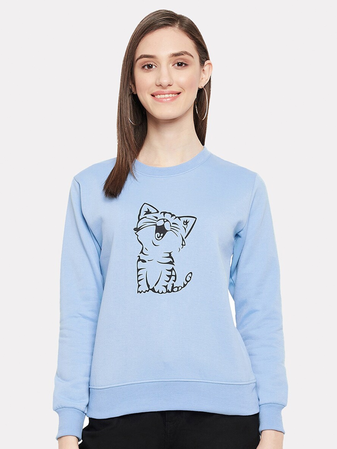 

STROP Women Printed Cotton Round Neck Sweatshirt, Blue