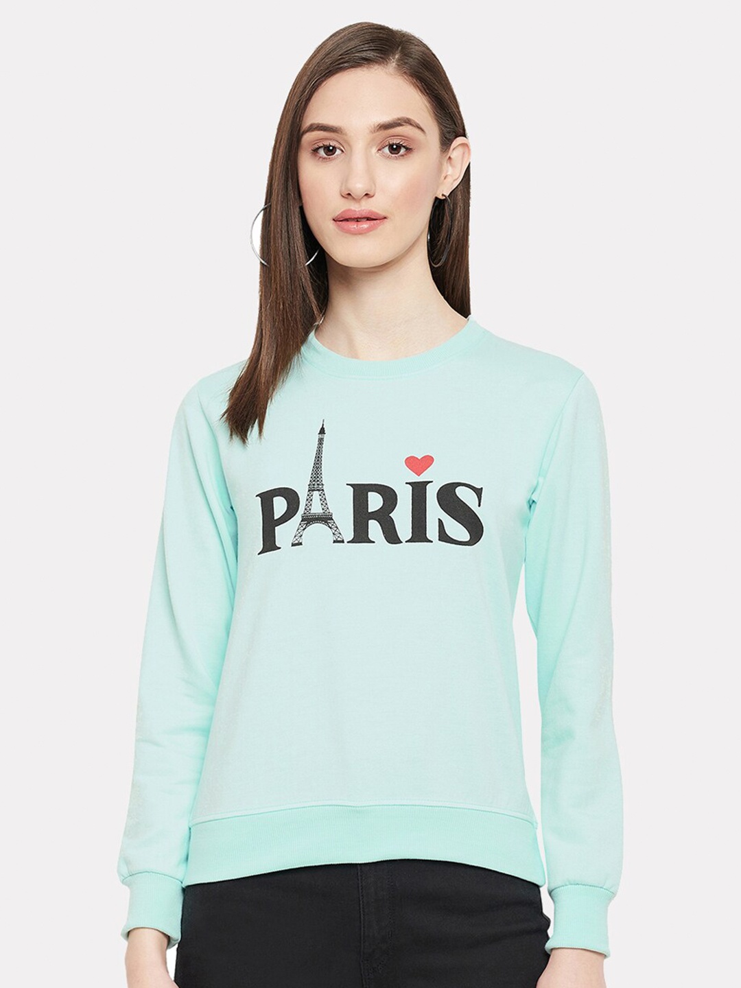 

STROP Women Printed Cotton Round Neck Sweatshirt, Turquoise blue