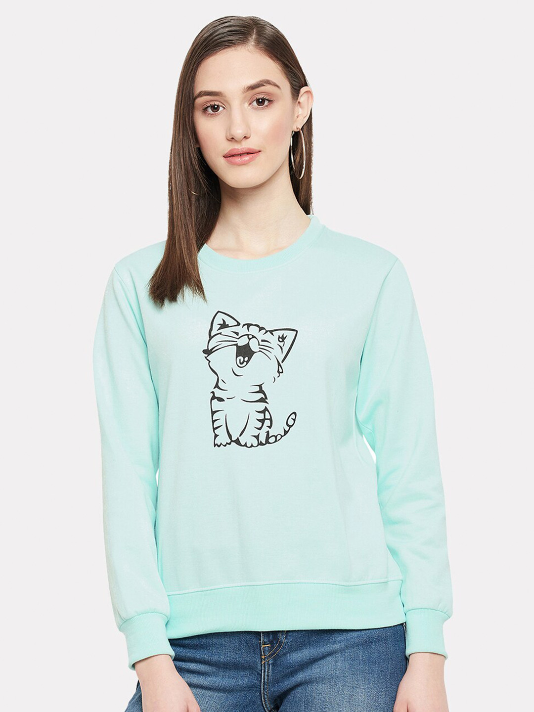 

STROP Women Printed Cotton Round Neck Sweatshirt, Turquoise blue