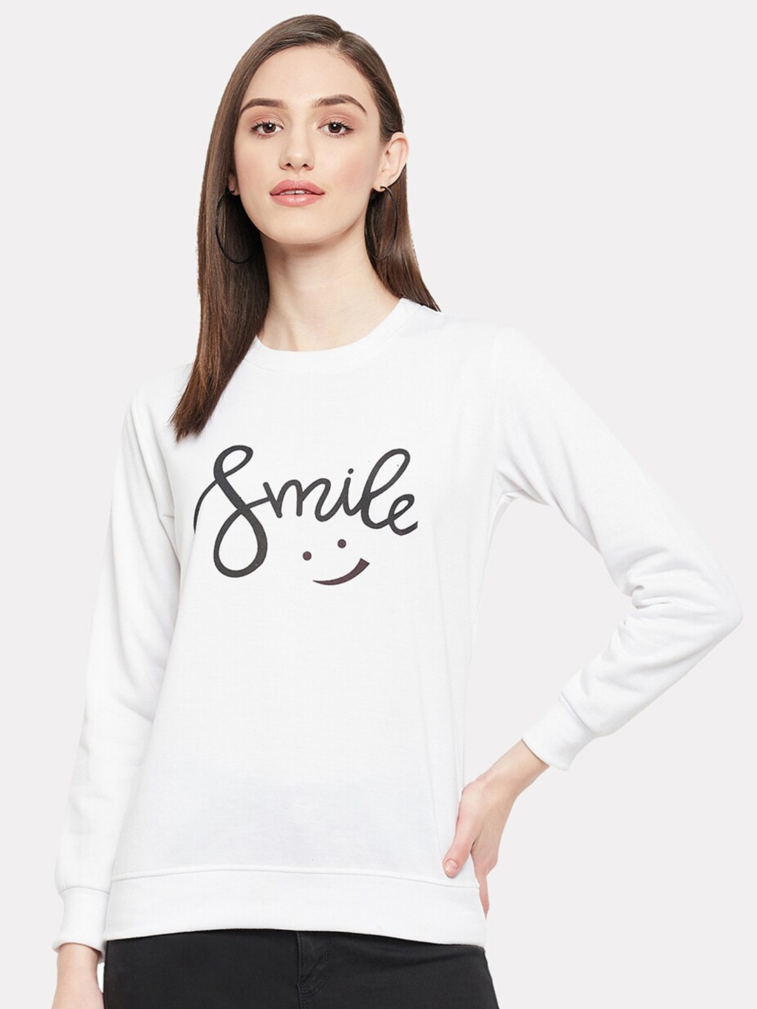 

STROP Women Printed Cotton Round Neck Sweatshirt, White