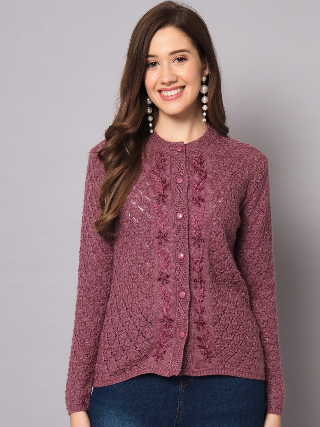 

BROOWL Women Open Knit Wool Cardigan with Embroidered Detail, Purple