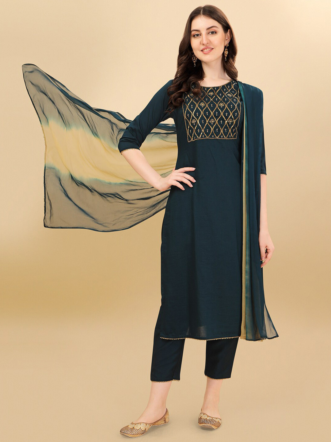 

Berrylicious Women Embroidered Beads and Stones Pure Silk Kurta Set, Teal