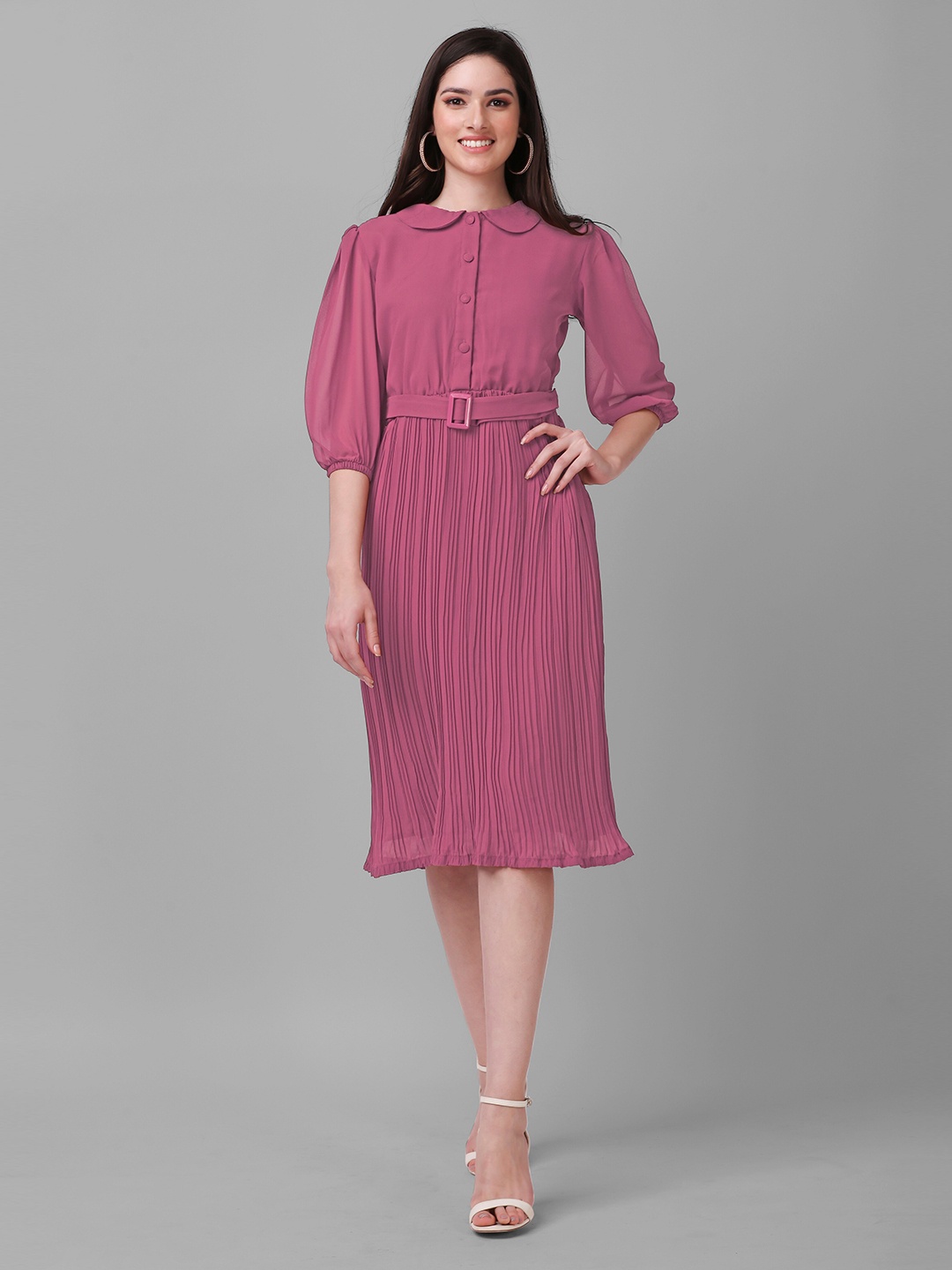 

Sarvayog Fashion Striped Georgette A-Line Midi Dress, Pink