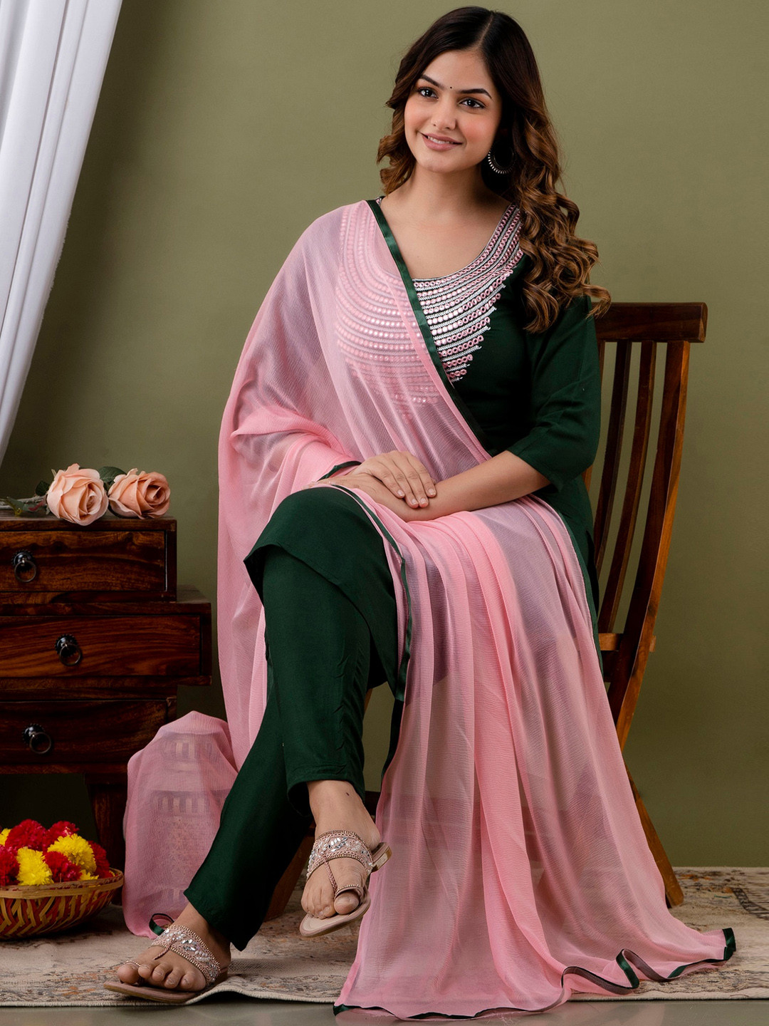 

KALINI Mirror Work Kurta with Trousers & Dupatta, Green