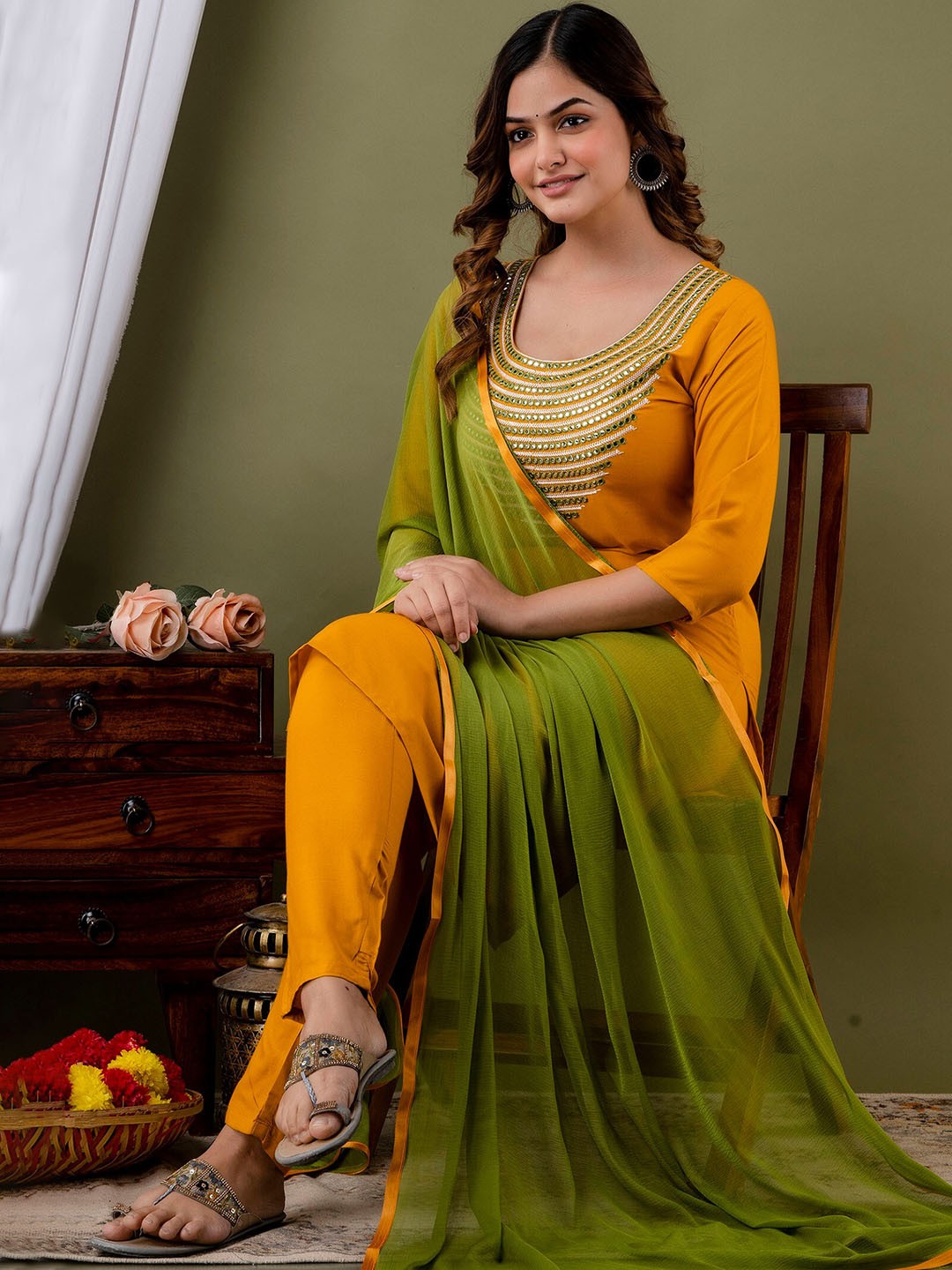 

KALINI Ethnic Motifs Yoke Design Mirror Work Kurta with Trousers & Dupatta, Yellow
