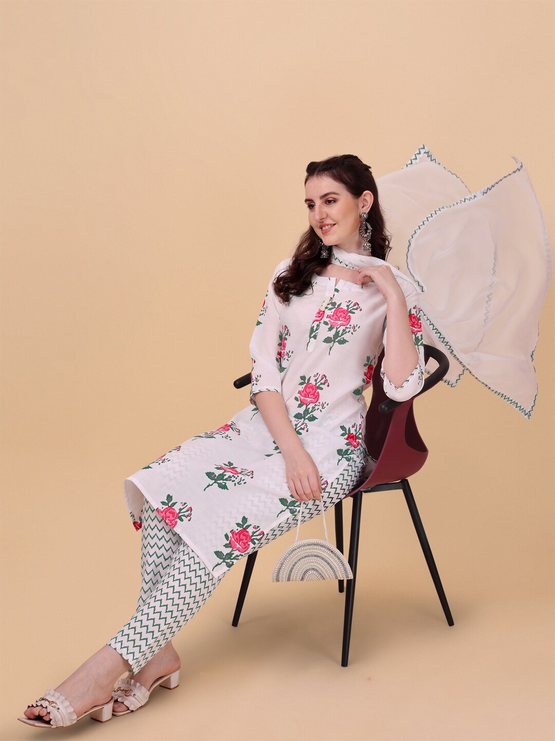 

KALINI Women Floral Printed Kurta with Trousers & With Dupatta, White