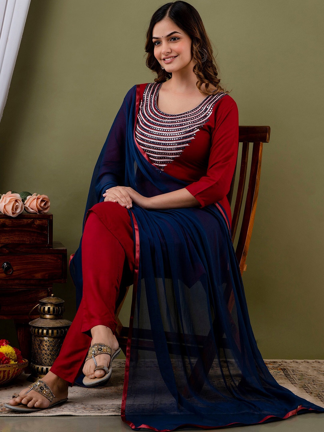 

KALINI Women Sequinned Kurta with Trousers & Dupatta, Red