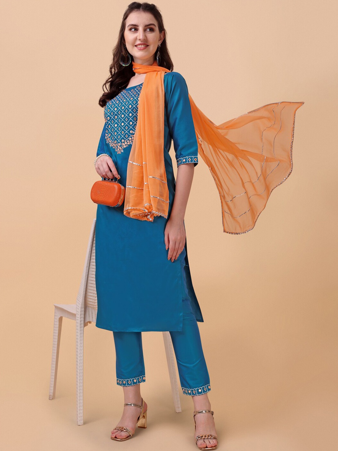 

KALINI Women Floral Yoke Design Mirror Work Kurta with Trousers & Dupatta, Teal