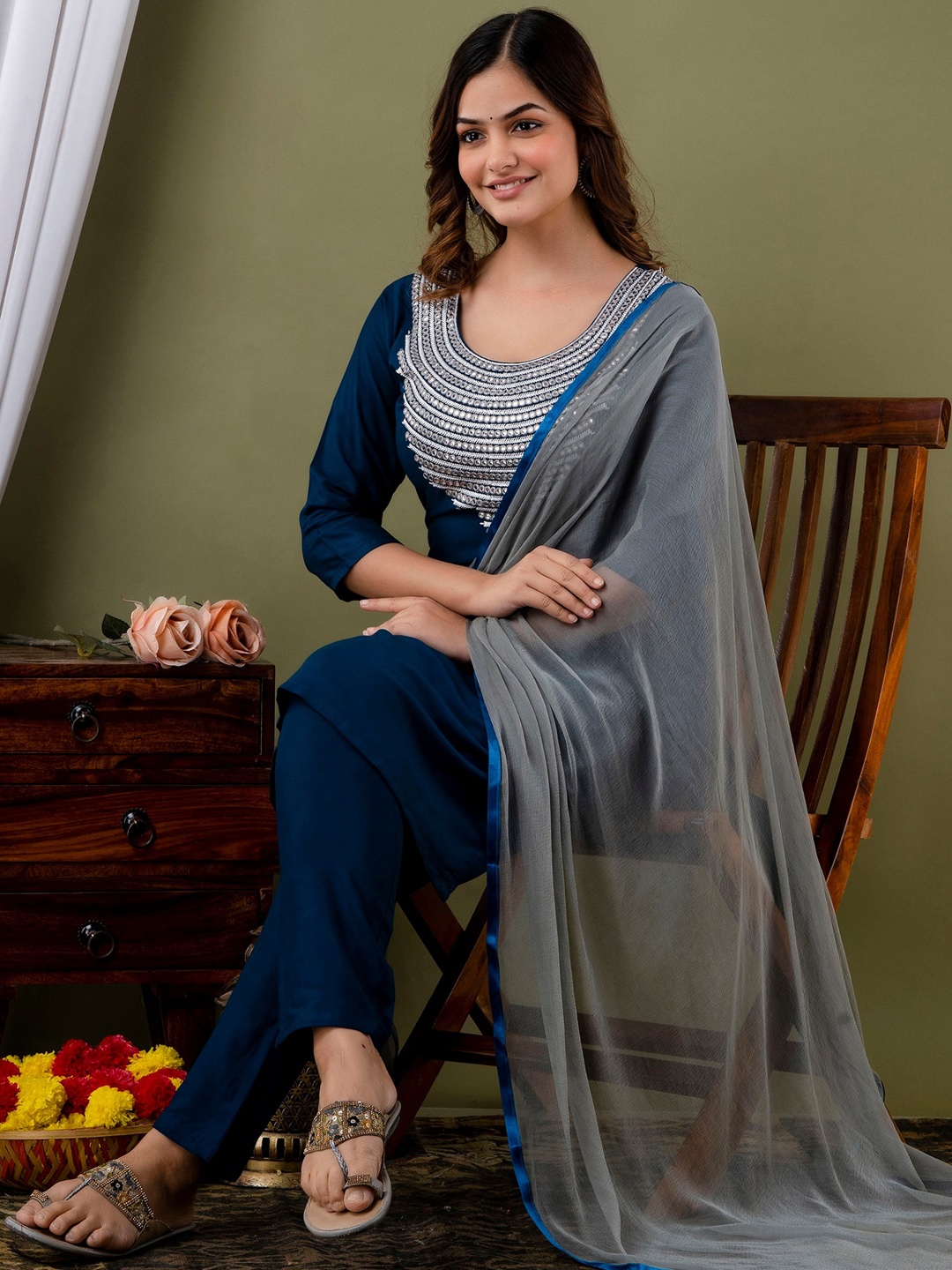 

KALINI Women Embroidered Mirror Work Round Neck Kurta with Trousers & Dupatta, Navy blue