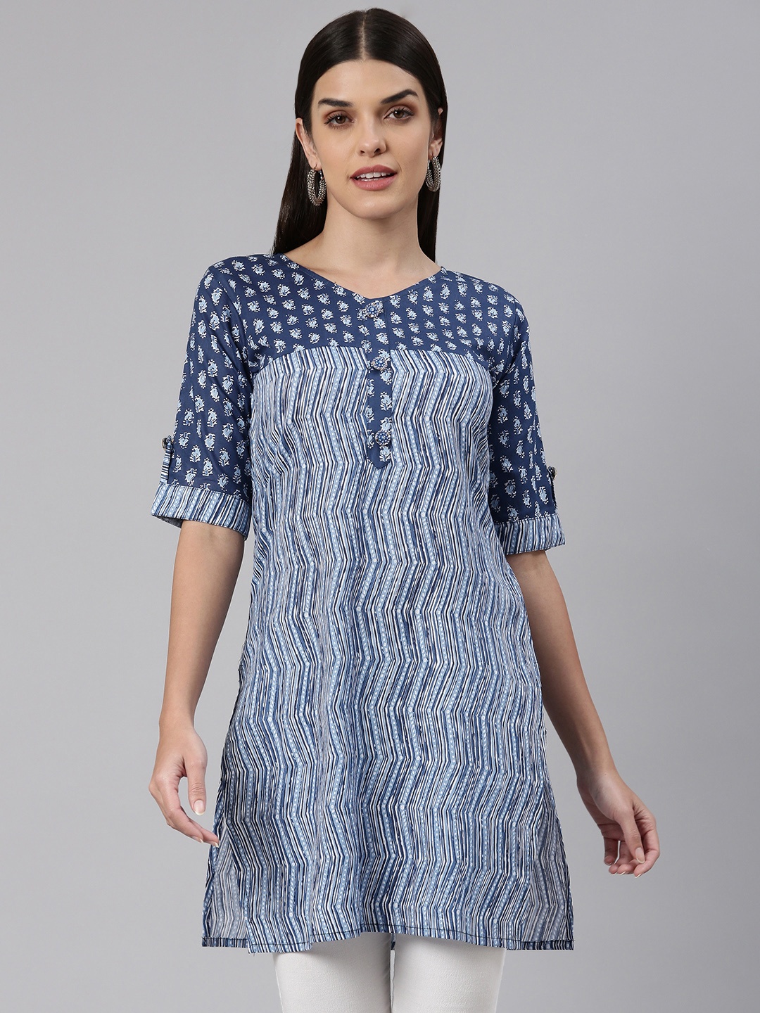 

TORONFRAS Ethnic Motifs Printed Pure Cotton Kurti, Blue