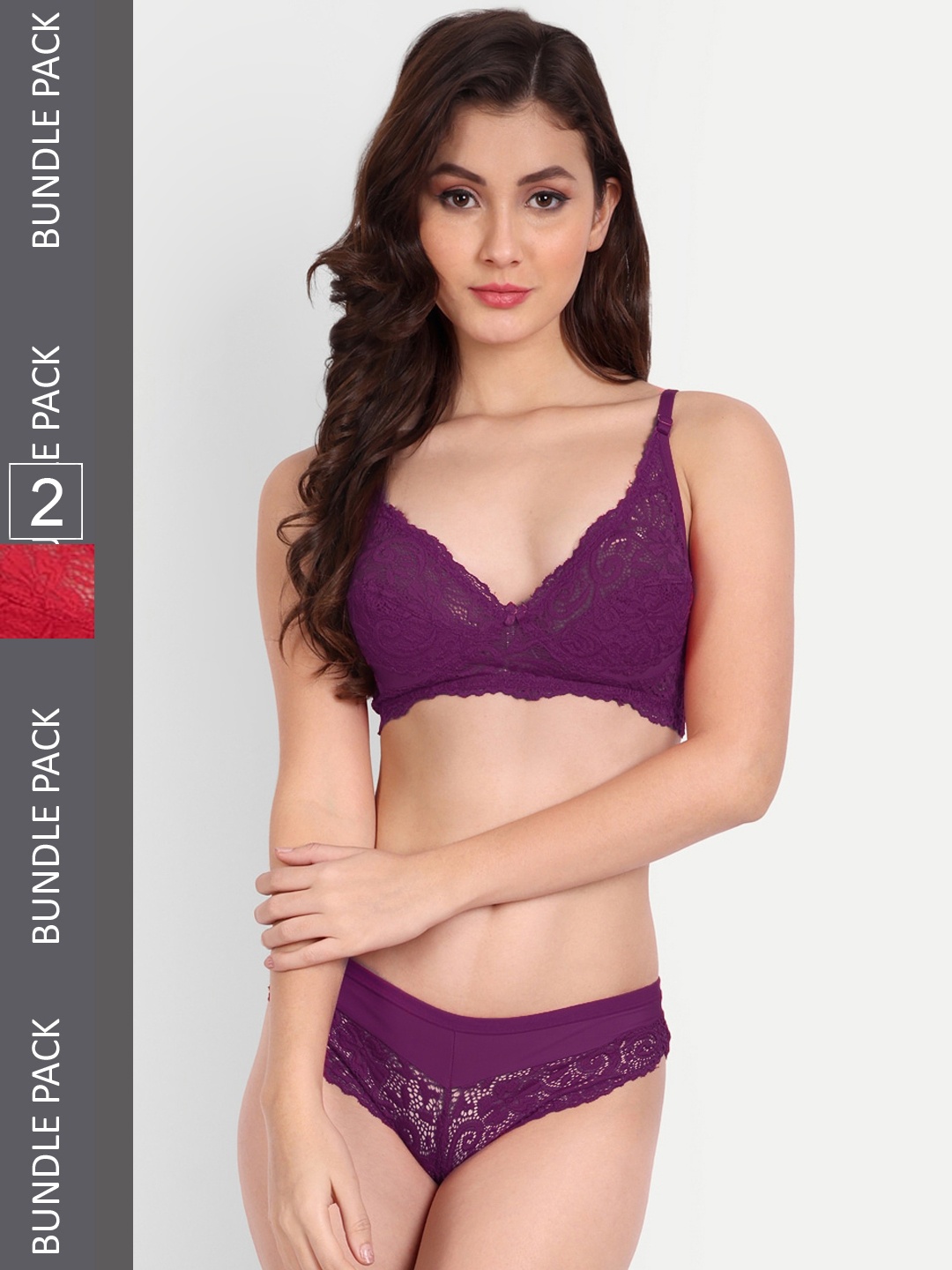 

FIMS Pack Of 2 Self-designed Floral Laced Lingerie Set, Purple