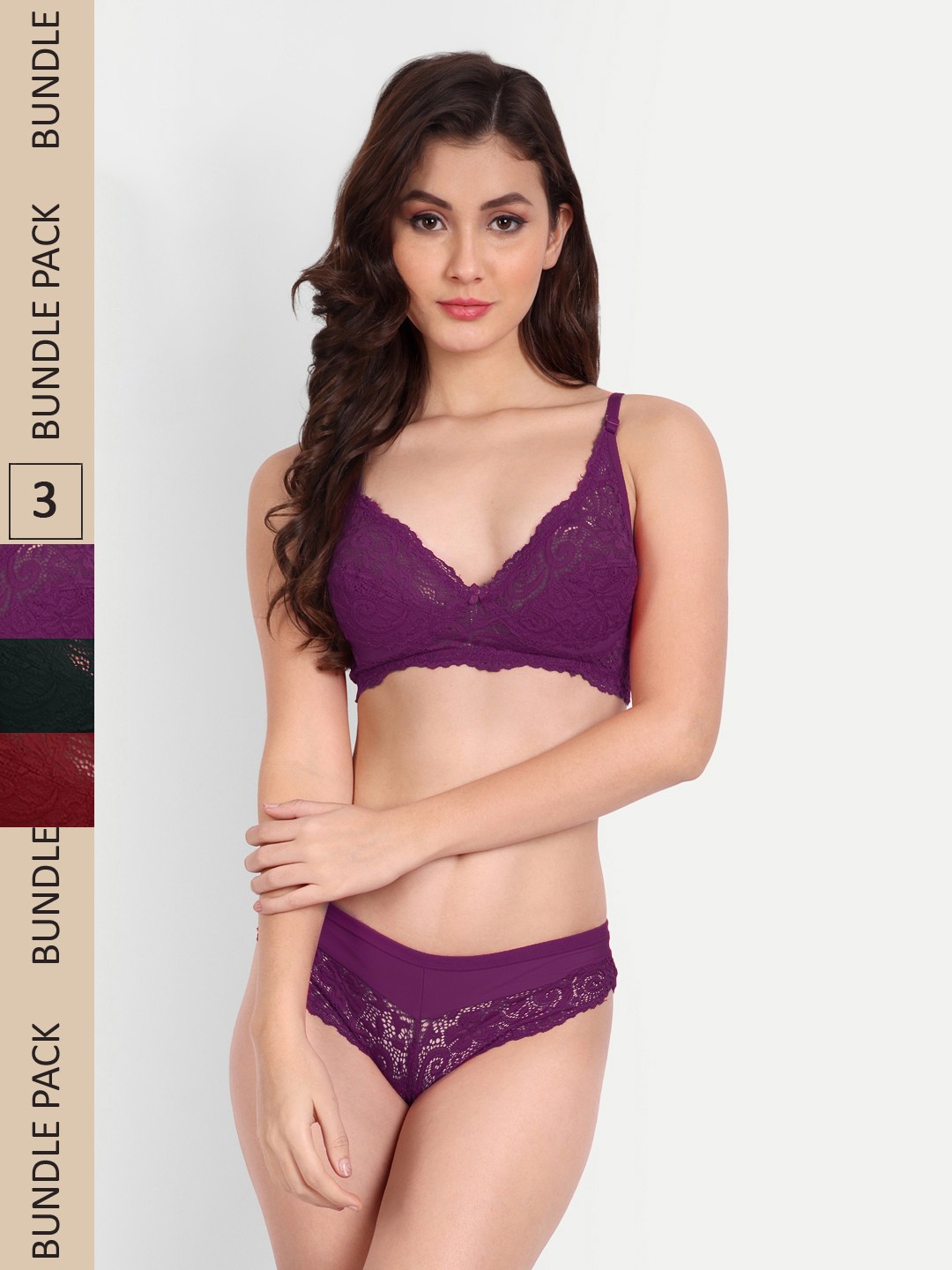 

FIMS Pack Of 3 Floral Laced Lingerie Set, Black