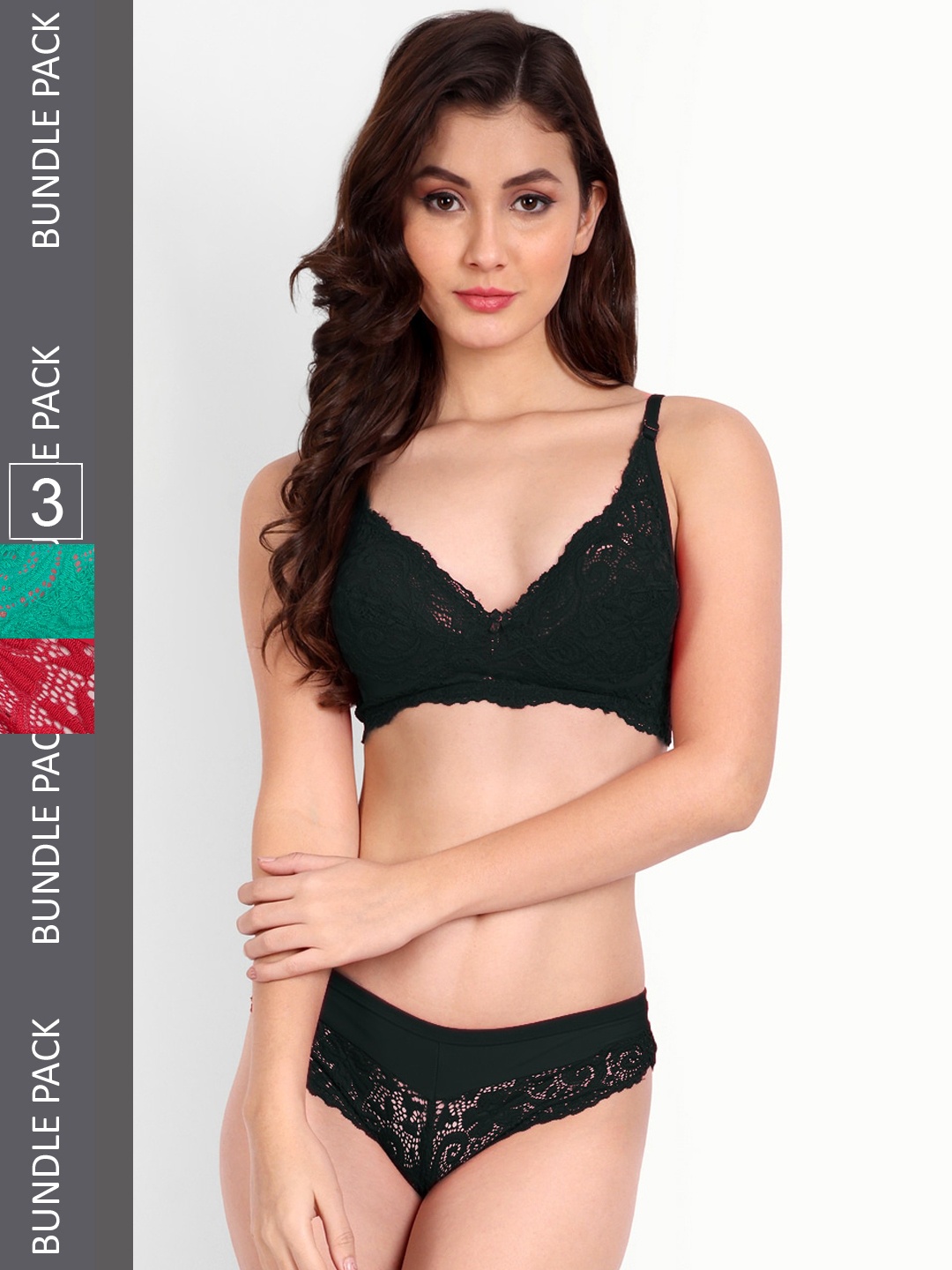 

FIMS Pack Of 3 Floral Self-Design Lingerie Set, Black