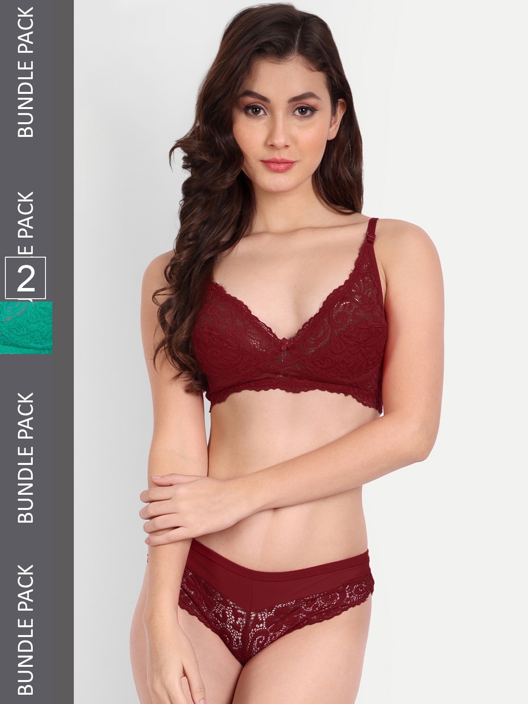 

FIMS Pack Of 2 Floral Lace Lingerie Set NEW_Blumer_Set_GreenMaroon_B, Green
