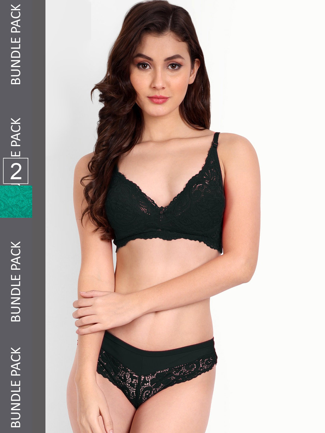 

FIMS Pack Of 2 Self-Design Laced Lingerie Set NEW_Blumer_Set_BlackGreen_B, Black