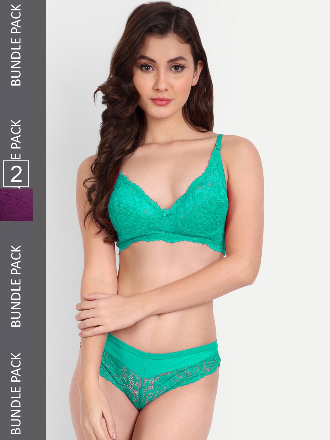 

FIMS Pack Of 2 Self-Design Lace Lingerie Set, Green