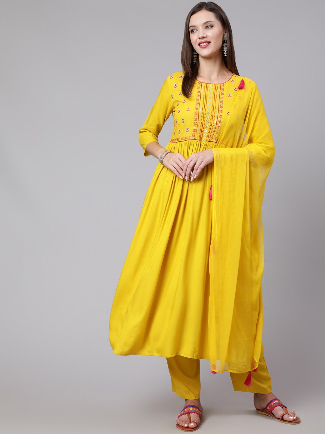 

GLAM ROOTS Ethnic Motifs Embroidered Empire Sequinned Kurta with Trousers & With Dupatta, Yellow