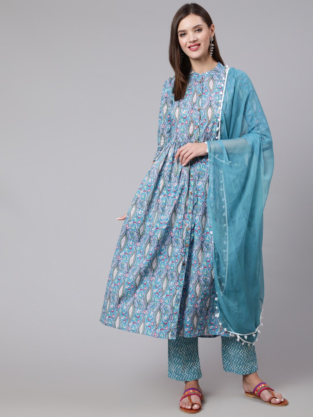 

GLAM ROOTS Women Floral Printed Pure Cotton Kurta With Trousers & Dupatta, Blue