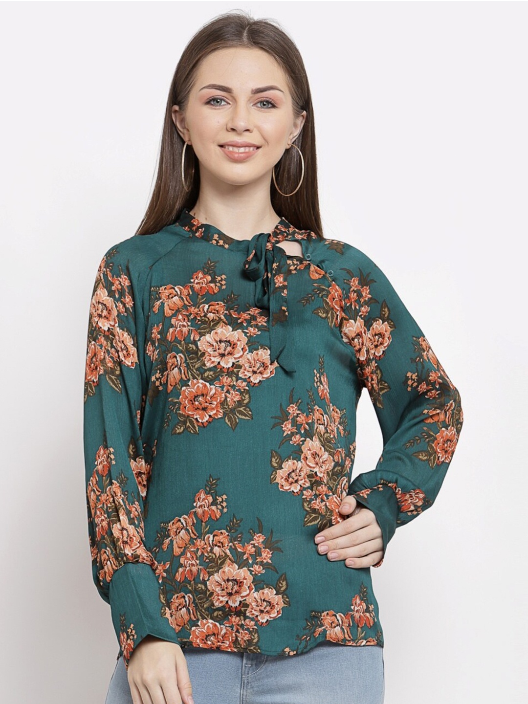 

Mafadeny Floral Print Mandarin Collar Blouson Top, Green