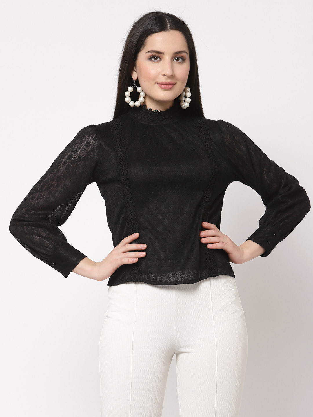 

Mafadeny Floral Lace Blouson Top, Black