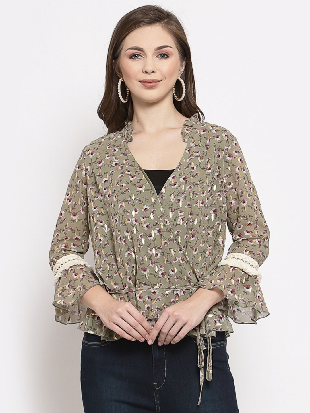 

Mafadeny Floral Print Wrap Top, Green