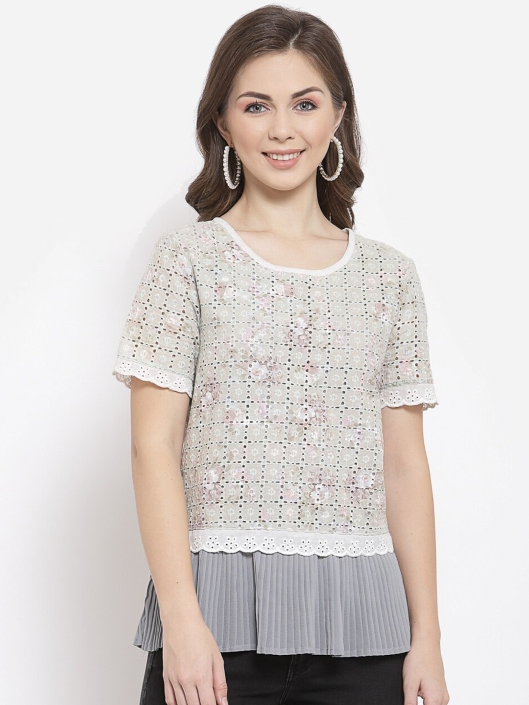 

Mafadeny Round Neck Floral Top, Grey