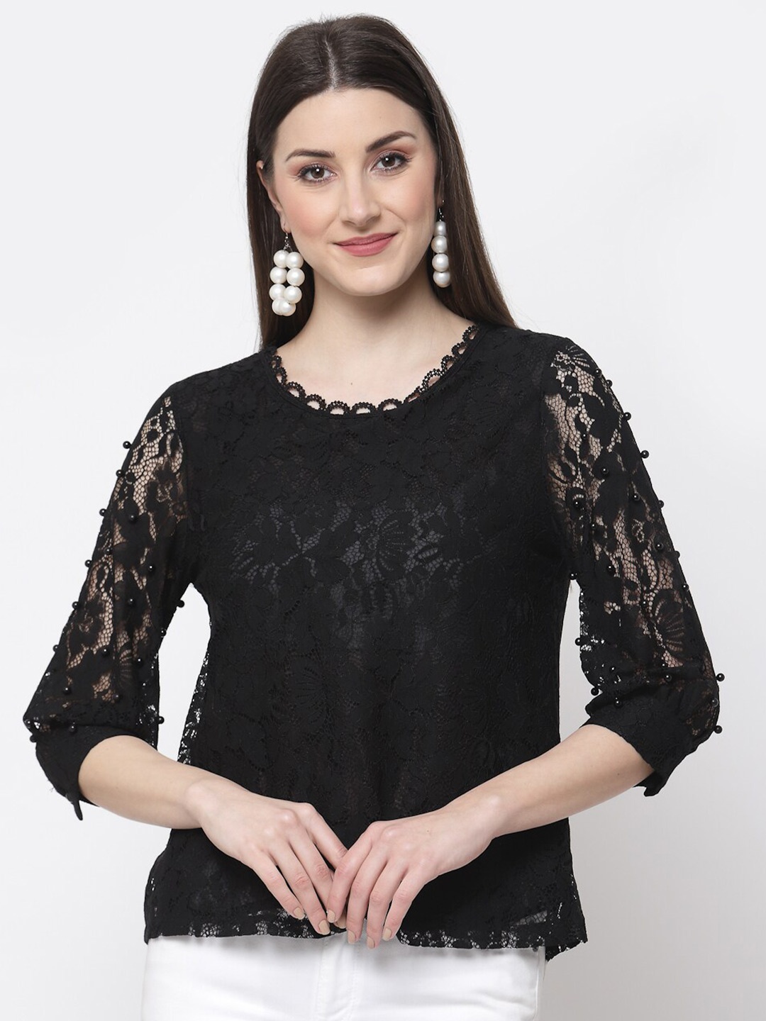 

Mafadeny Self Design Lace Top, Black