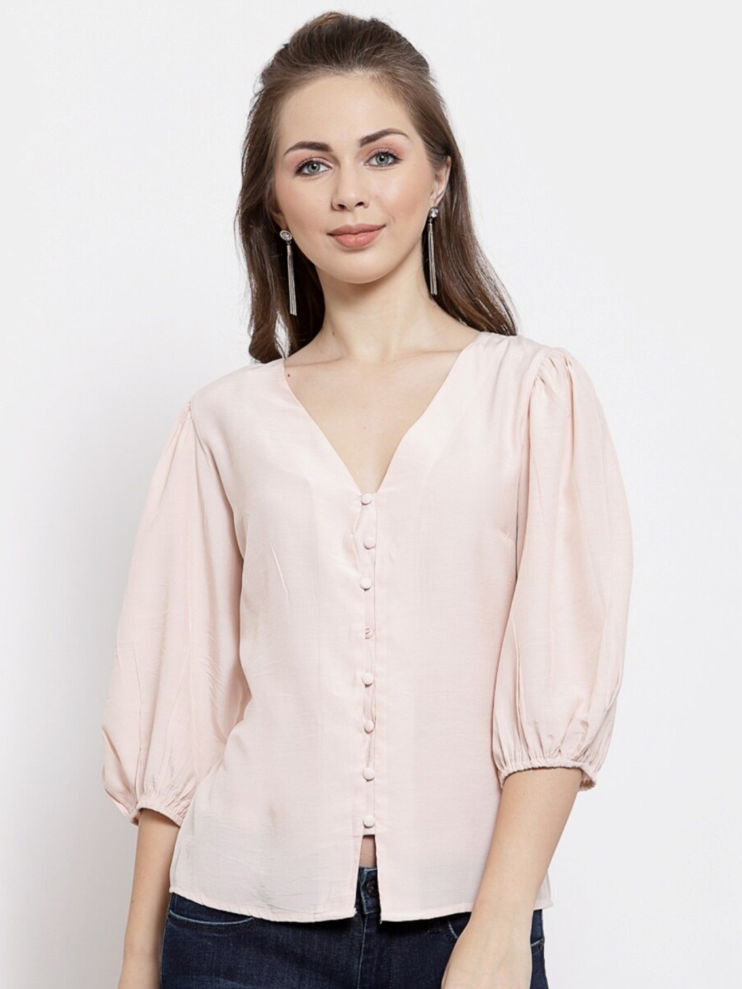 

Mafadeny Puff Sleeve V-Neck Top, Peach