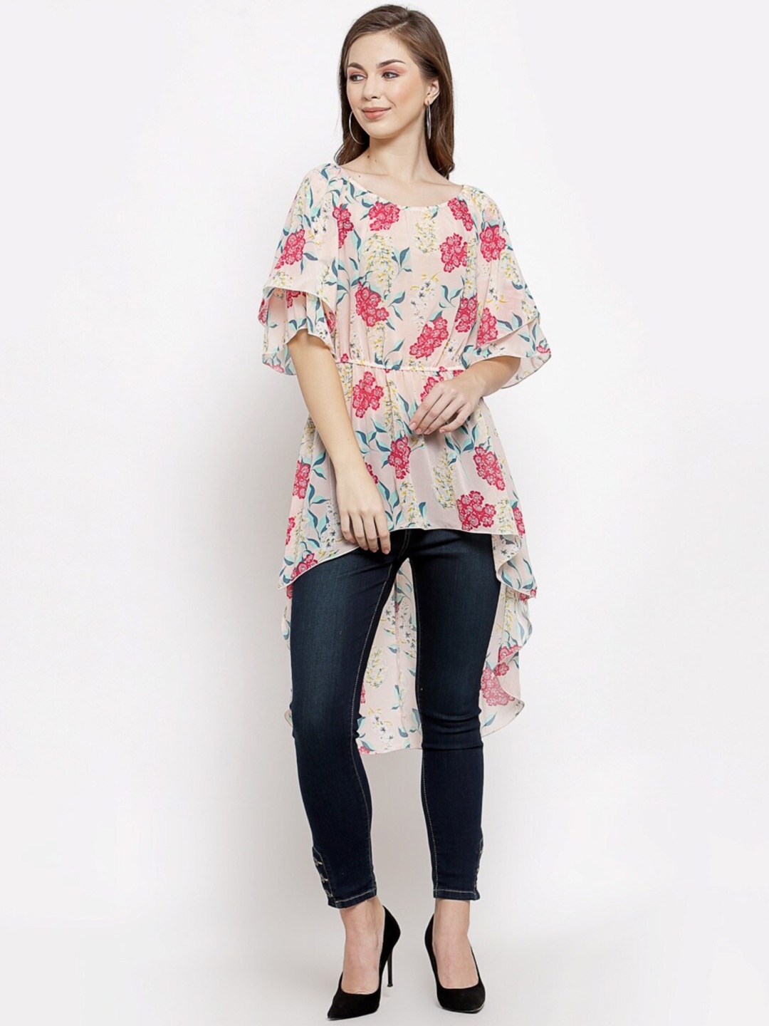 

Mafadeny Peach Floral Print Chiffon High-Low Longline Top