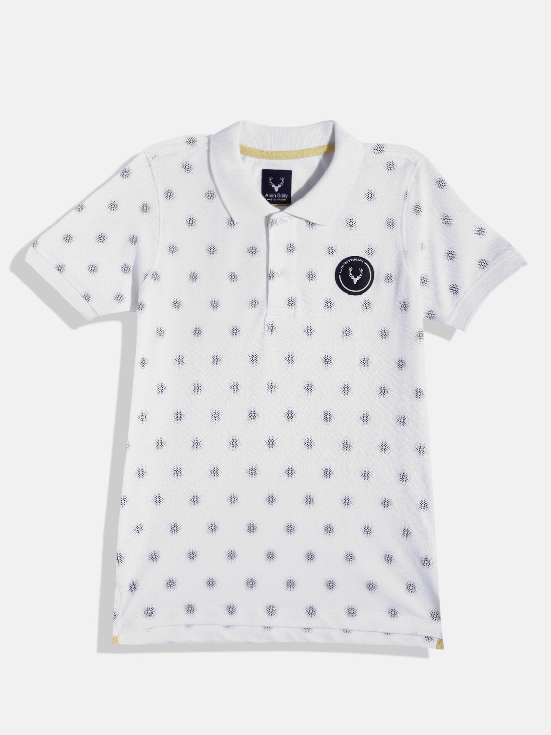 

Allen Solly Junior Boys Printed Polo Collar Pure Cotton Applique Detail T-shirt, White