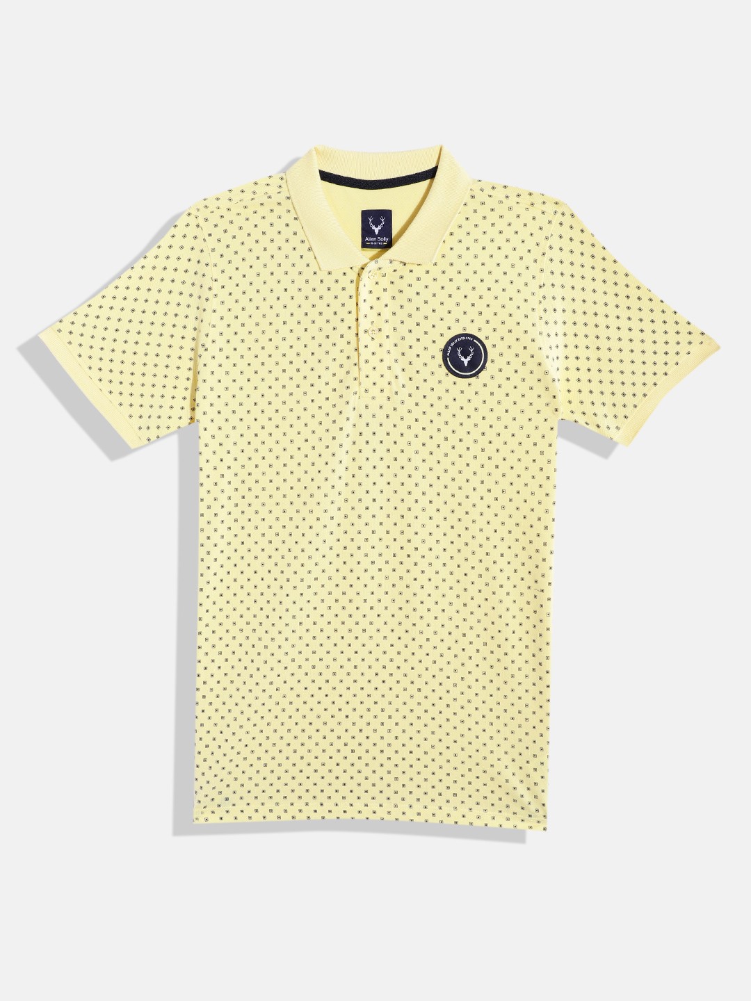 

Allen Solly Junior Boys Geometric Printed Applique Detail Pure Cotton Polo Collar T-shirt, Yellow