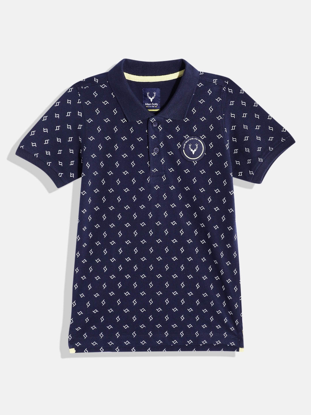 

Allen Solly Junior Boys Printed Polo Collar Pure Cotton Applique Detail T-shirt, Blue