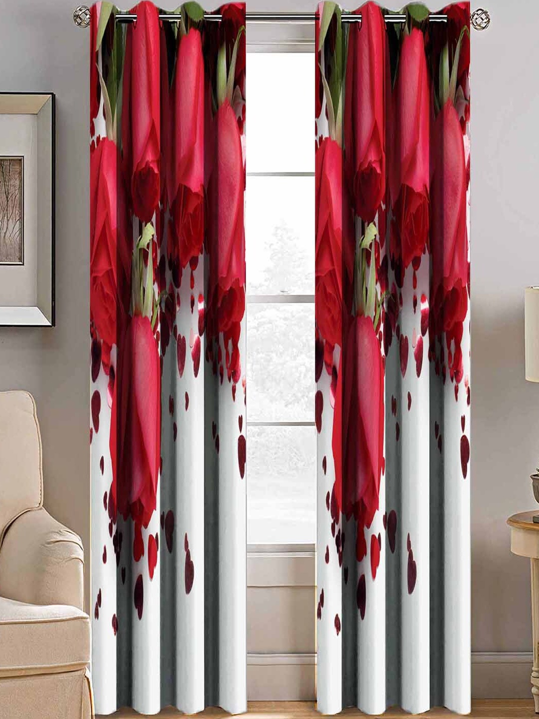 

BELLA TRUE White & Red Set of 2 Floral Room Darkening Door Curtains