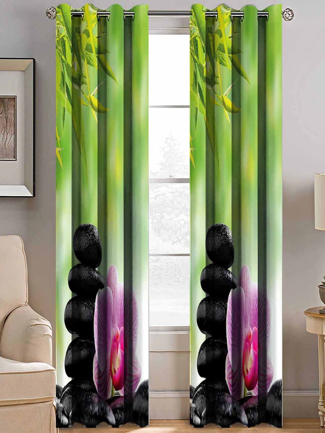 

BELLA TRUE Green & Black Set of 2 Floral Room Darkening Long Door Curtains