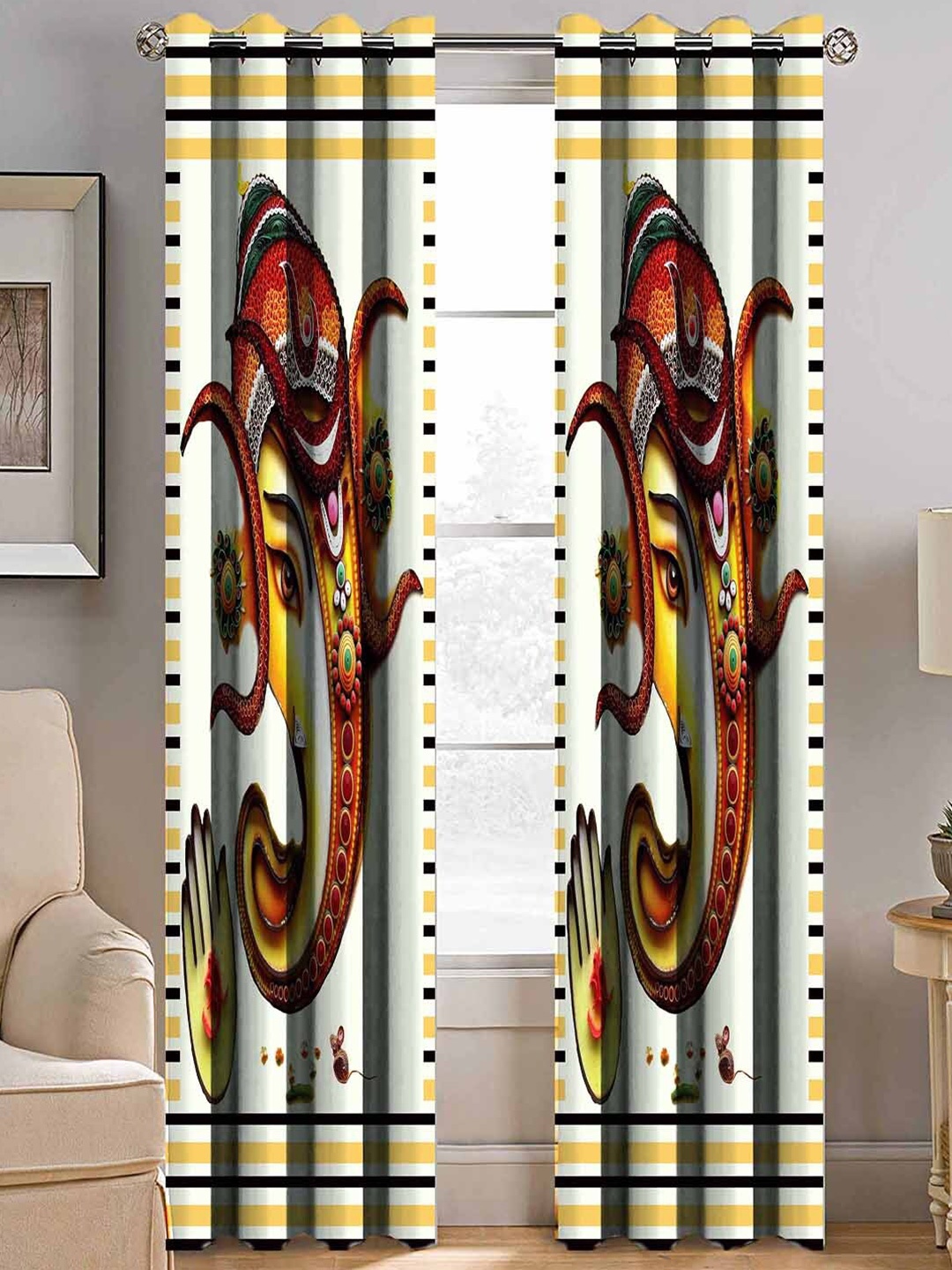 

BELLA TRUE White & Yellow Set of 2 Ethnic Motifs Room Darkening Window Curtain