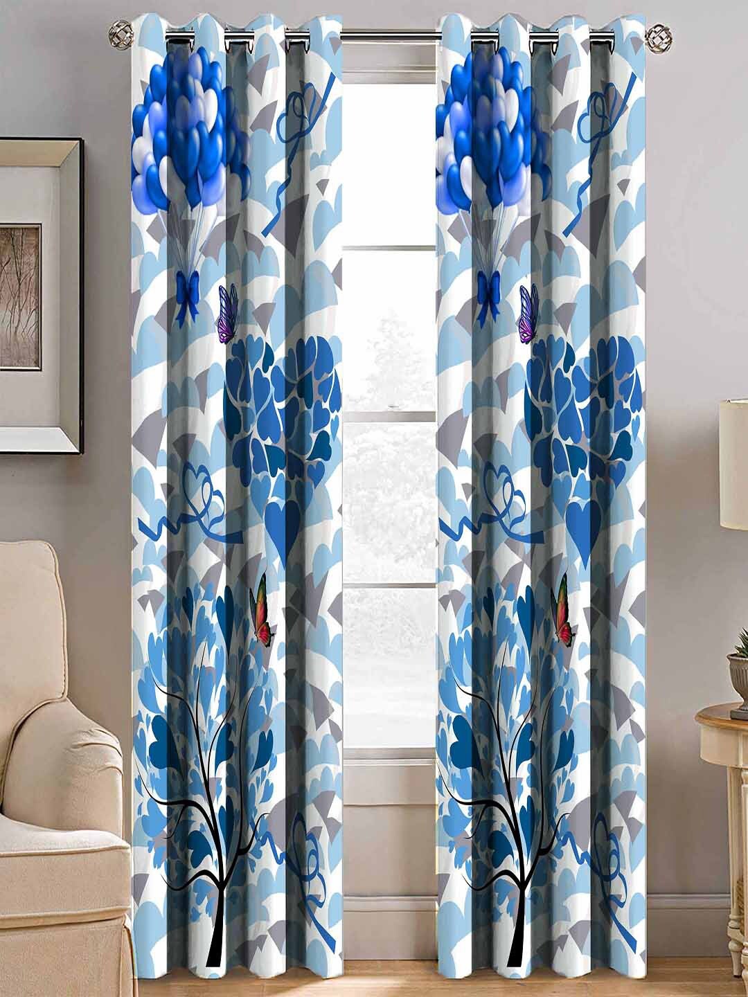 BELLA TRUE White & Blue Set of 2 Floral Room Darkening Door Curtain