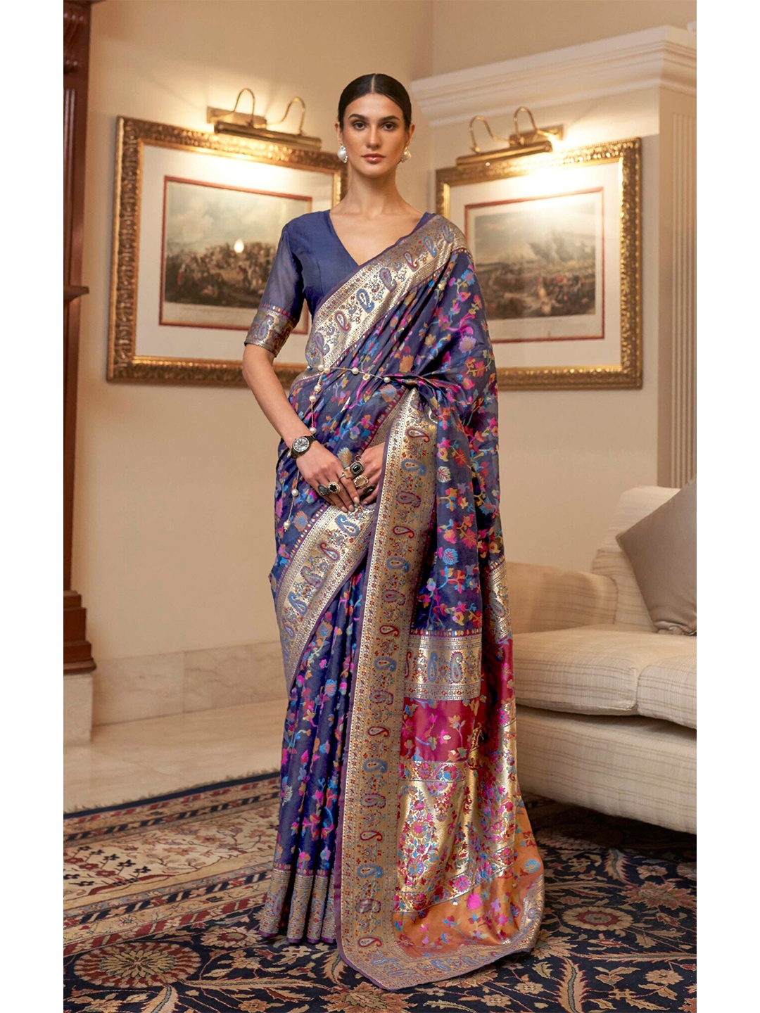 

Ekta Textiles Floral Zari Pure Silk Banarasi Saree, Blue