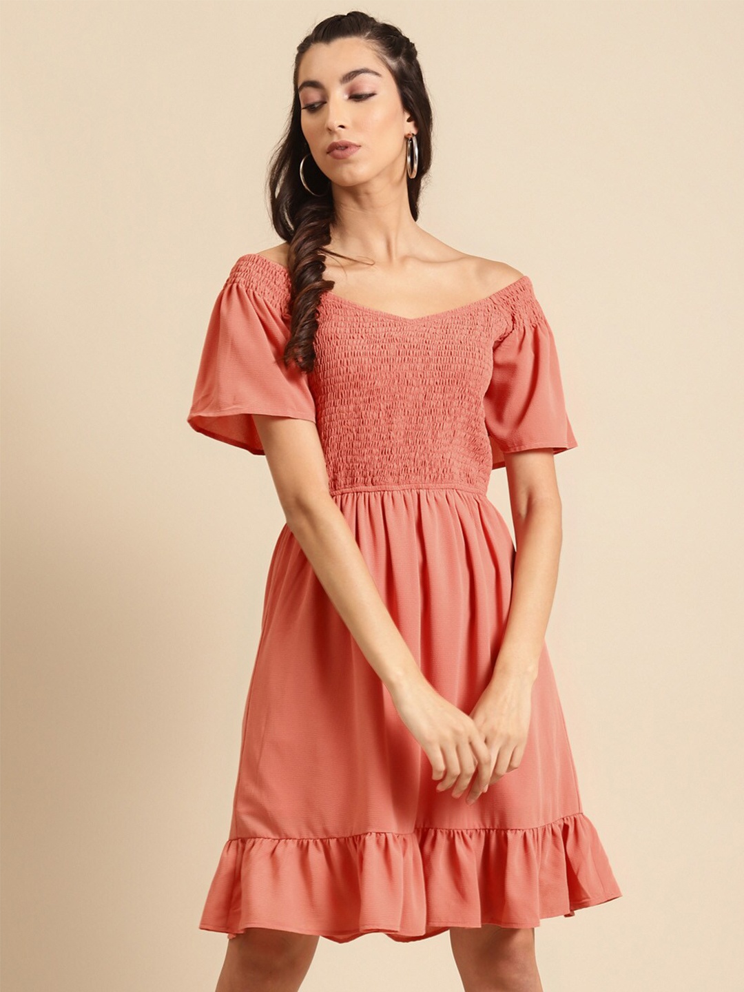 

DODO & MOA Off-Shoulder Smocked Crepe Dress, Peach