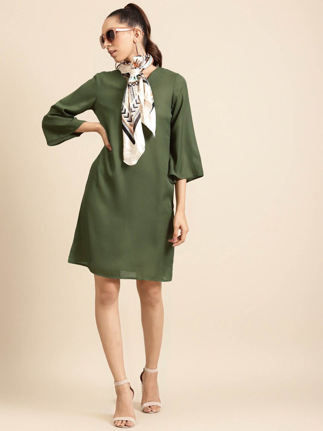 

DODO & MOA Tie-Up Neck Crepe A-Line Dress, Olive