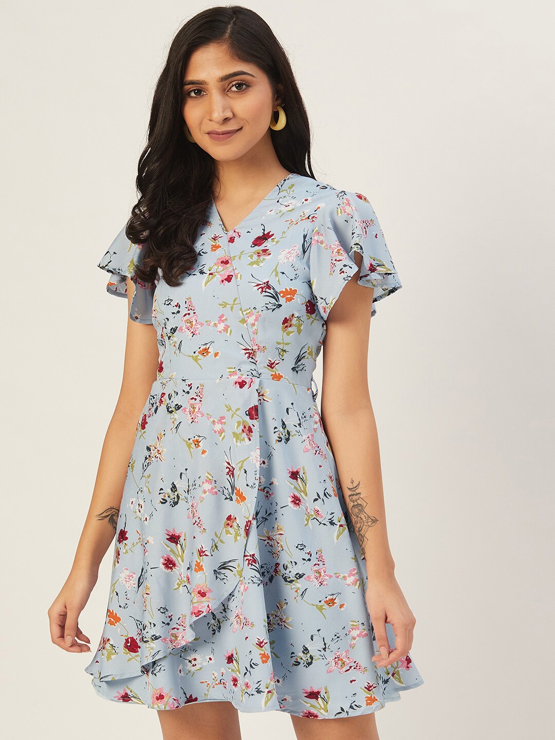 

DODO & MOA Printed Floral Layered Crepe Dress, Blue