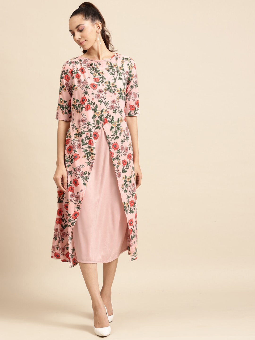 

DODO & MOA Floral Printed Layered Crepe A-Line Midi Dress, Peach