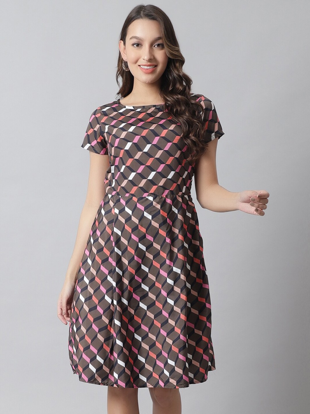 

Karmic Vision Geometric Printed Crepe Dress, Brown
