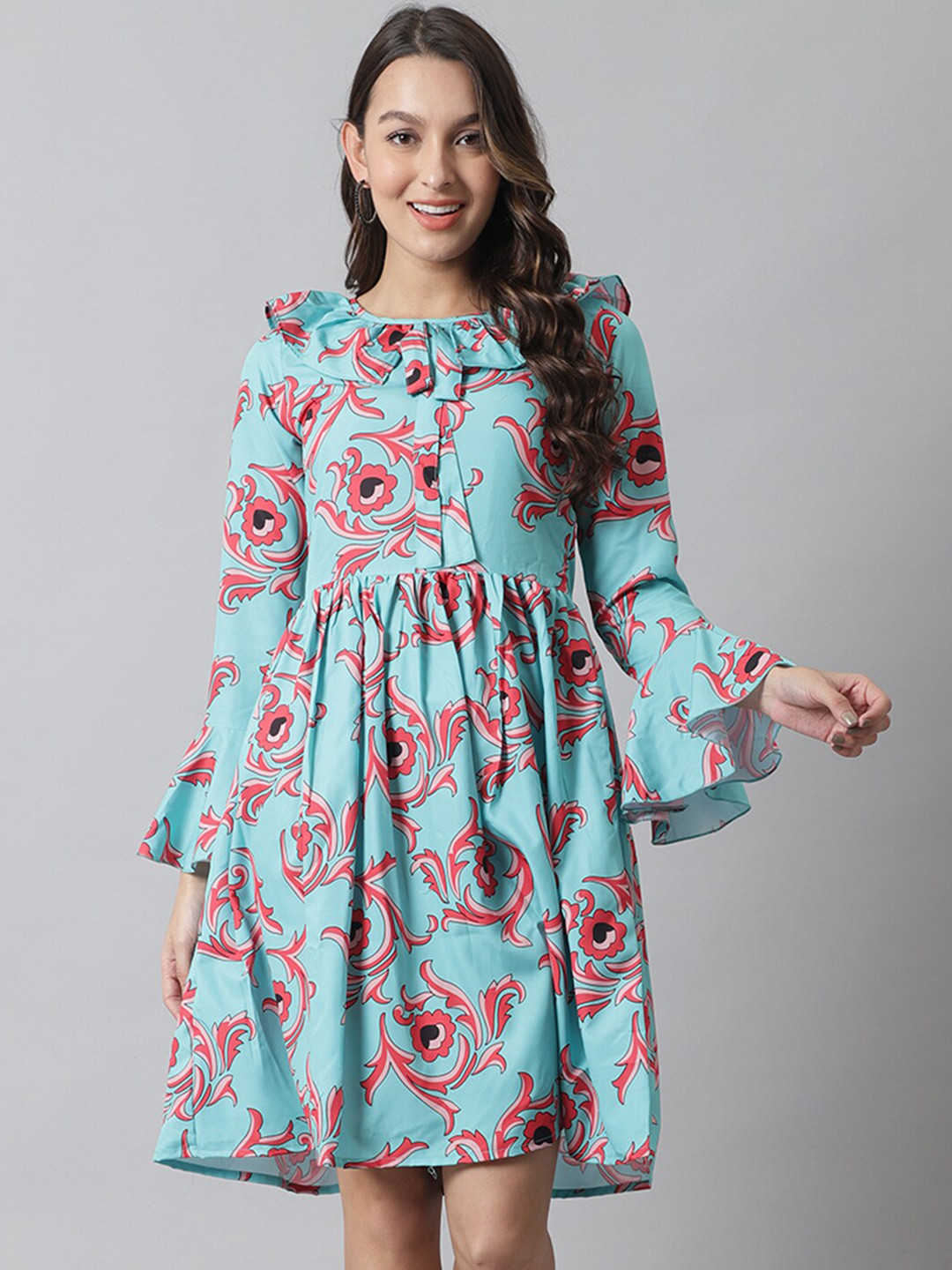 

Karmic Vision Floral Printed Tie-Up Neck Crepe Dress, Blue