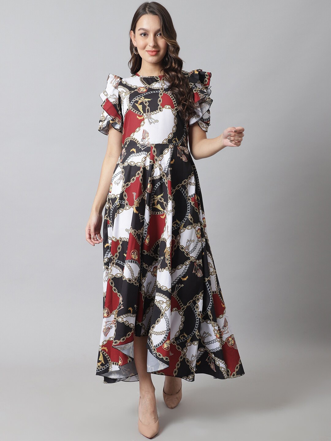 

Karmic Vision Printed Crepe Round Neck A-Line Maxi Dress, Black