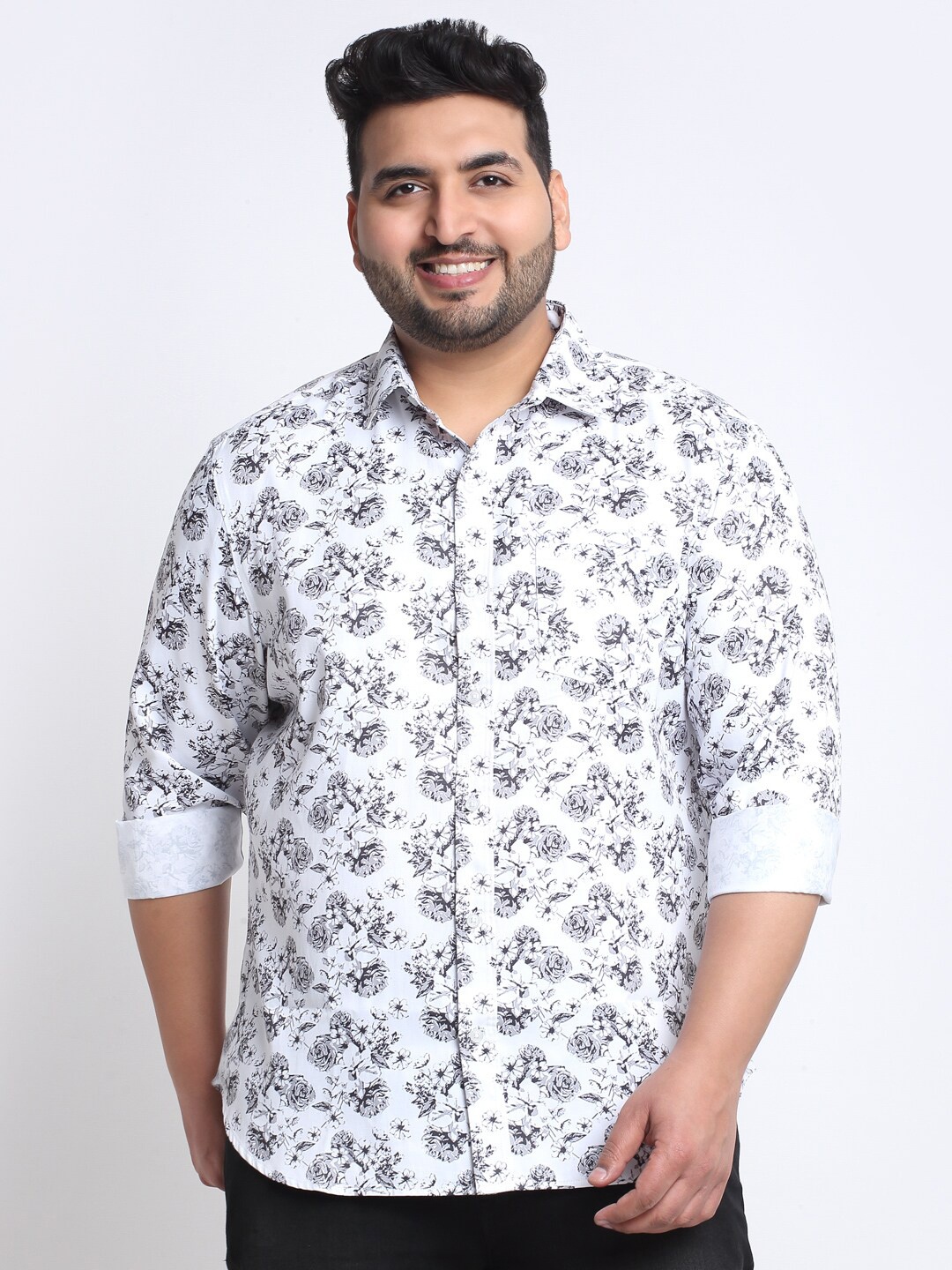 

plusS Men Plus Size Floral Printed Cotton Casual Shirt, White