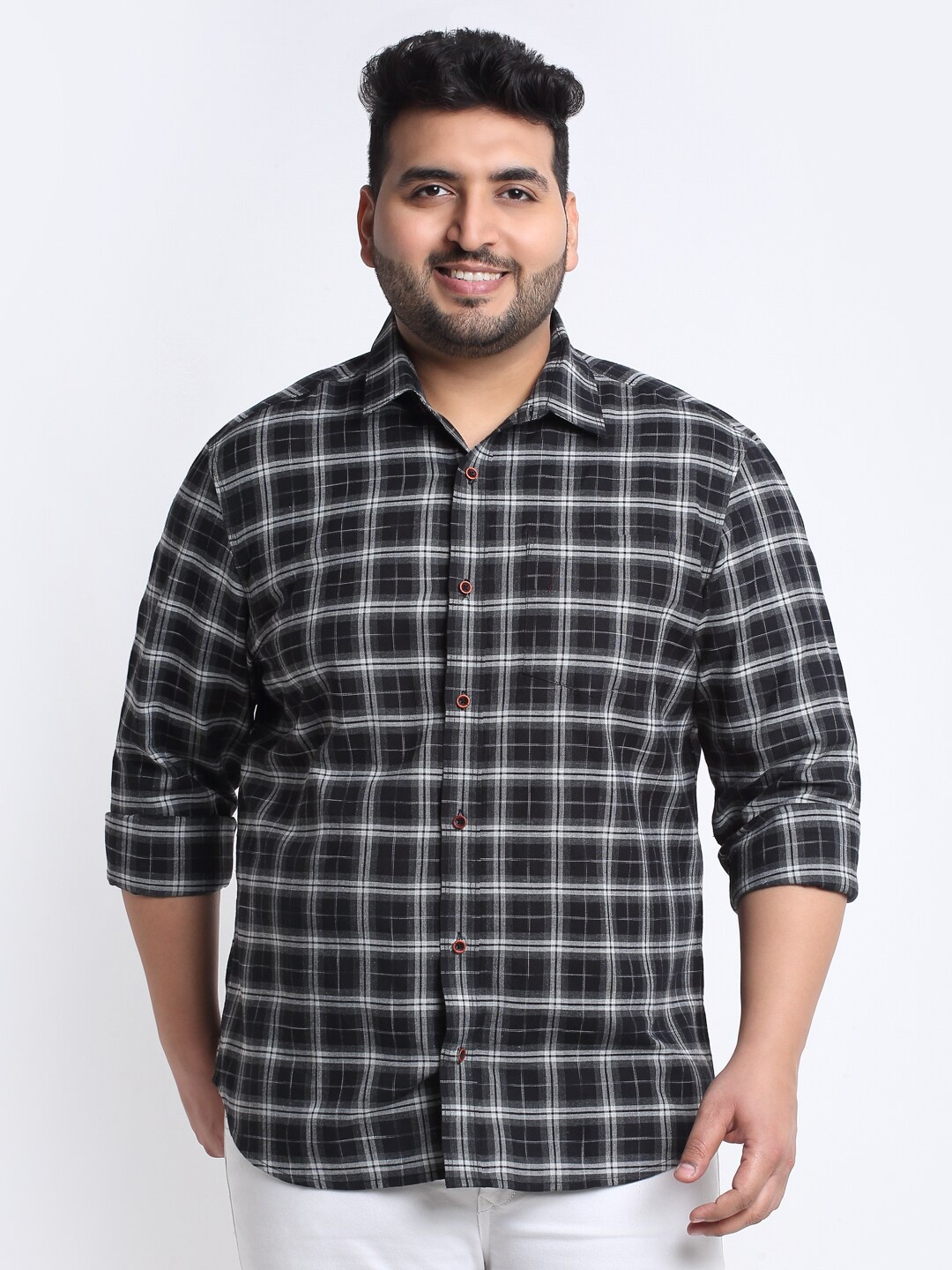 

plusS Men Black Tartan Checked Cotton Casual Shirt