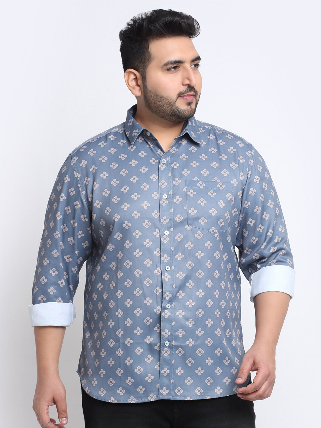 

plusS Men Plus Size Floral Printed Cotton Casual Shirt, Grey