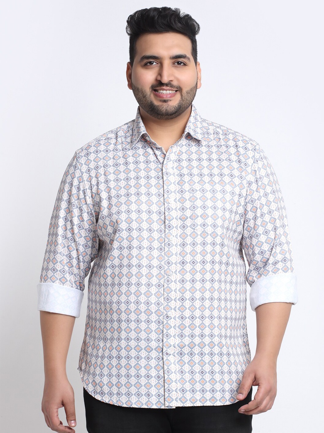 

plusS Men Printed Cotton Casual Shirt, White