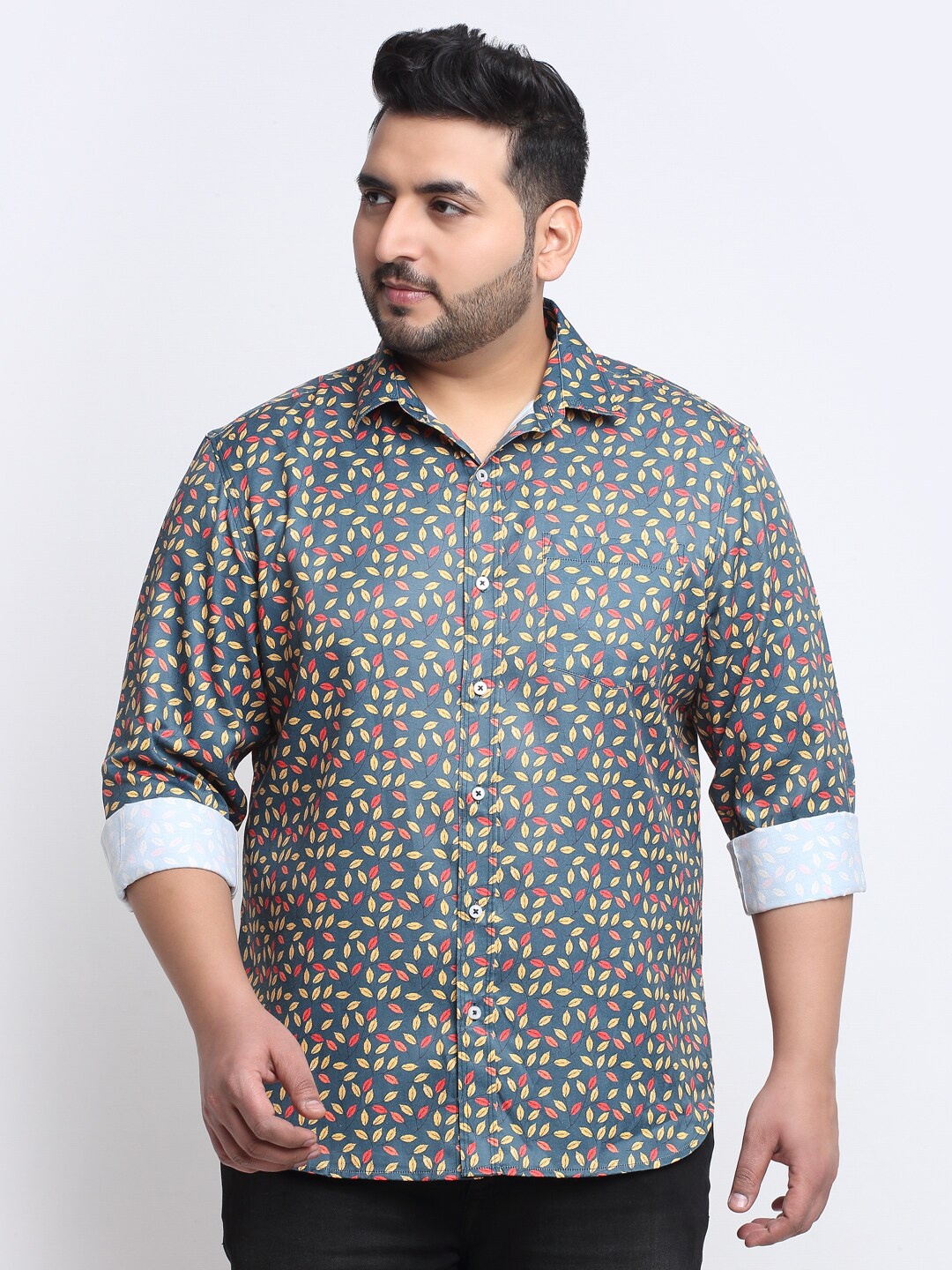 

plusS Men Plus Size Floral Printed Casual Shirt, Olive