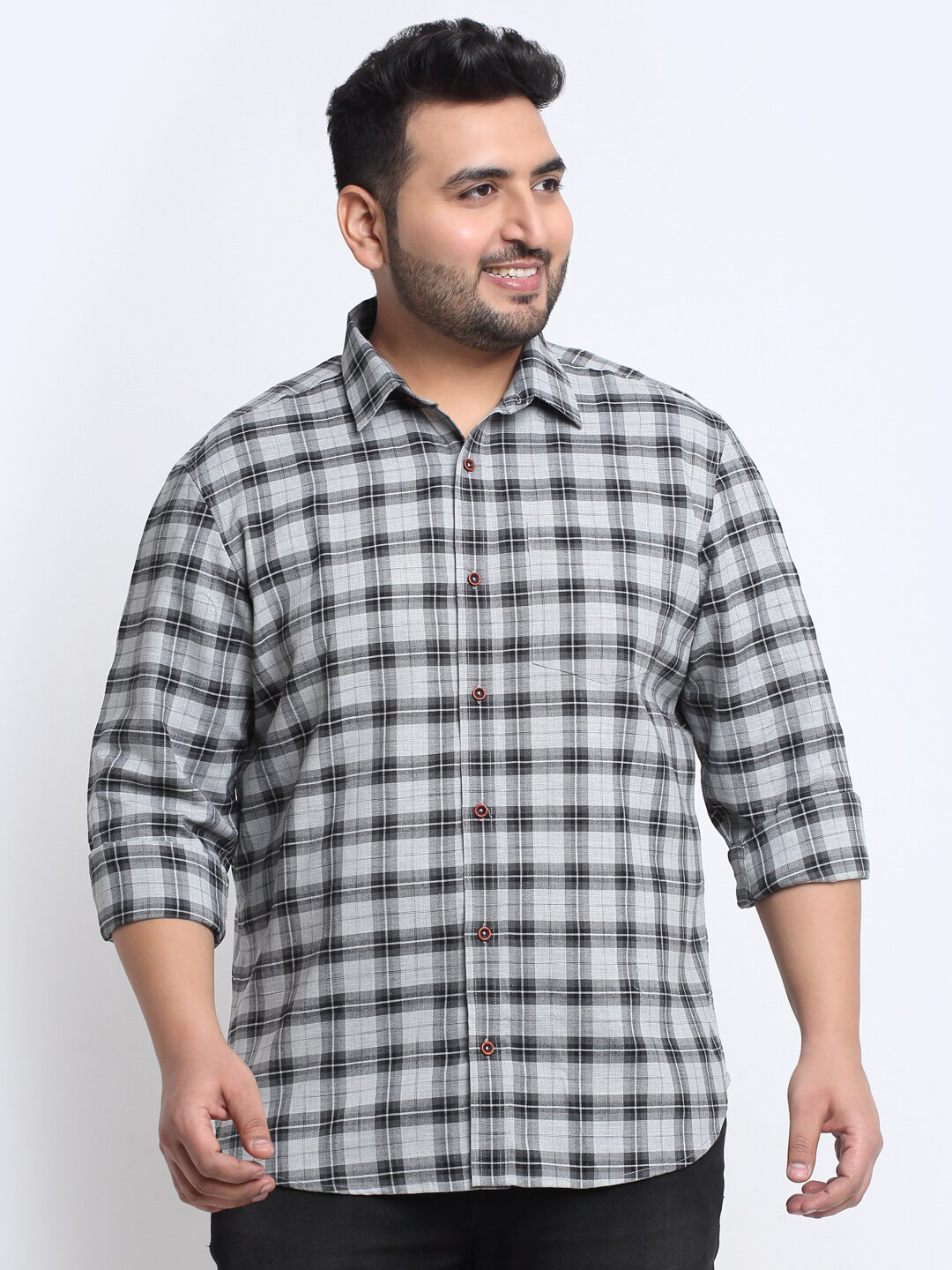 

plusS Men Plus Size Checked Casual Cotton Shirt, Grey